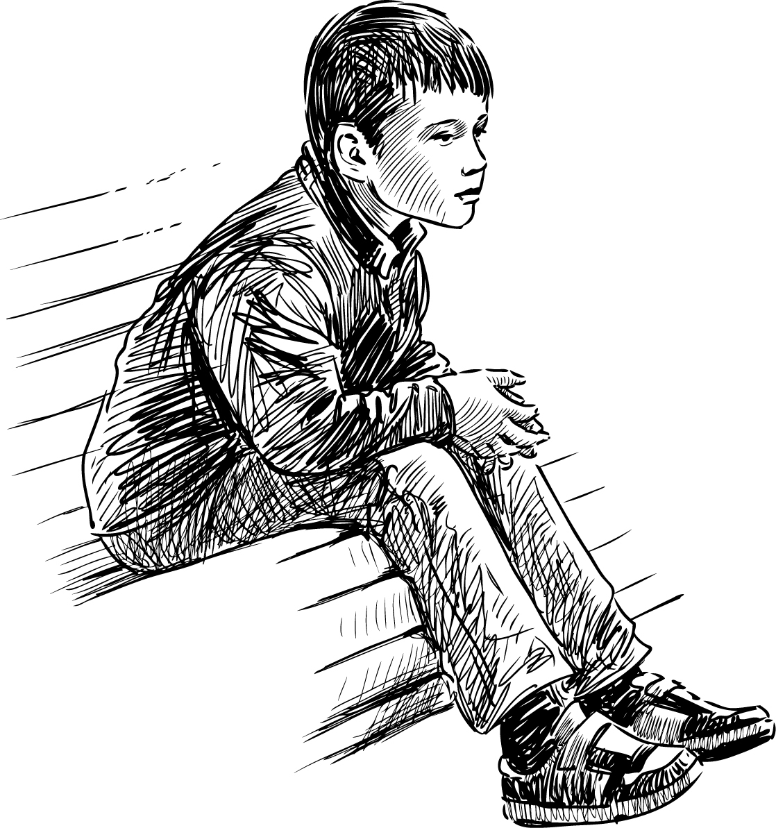 Мальчик на скамейке рисунок