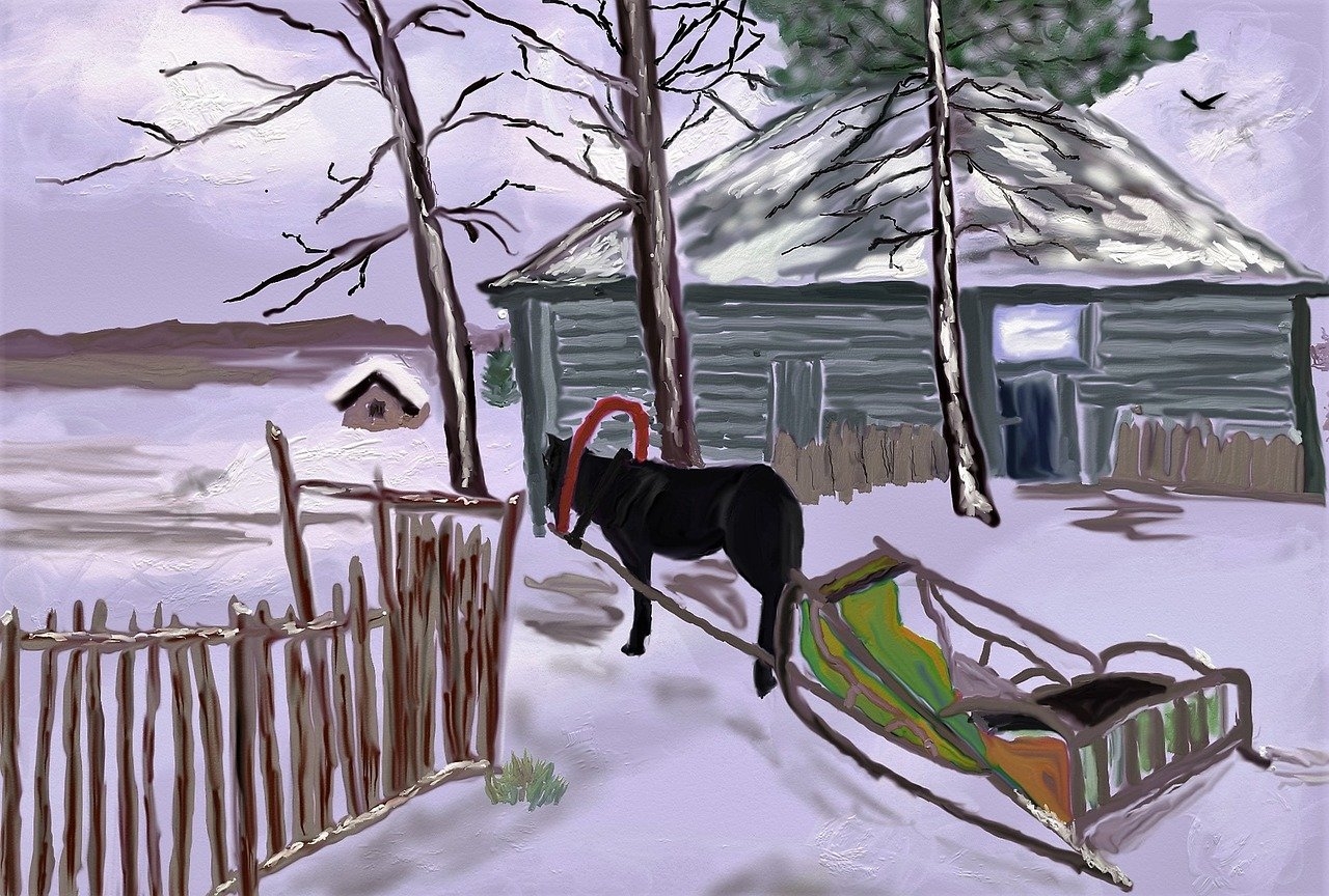 Зимний сельский пейзаж лошадью
