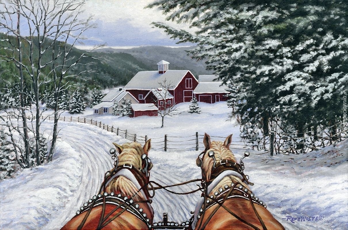 Зимний пейзаж с лошадью и санями