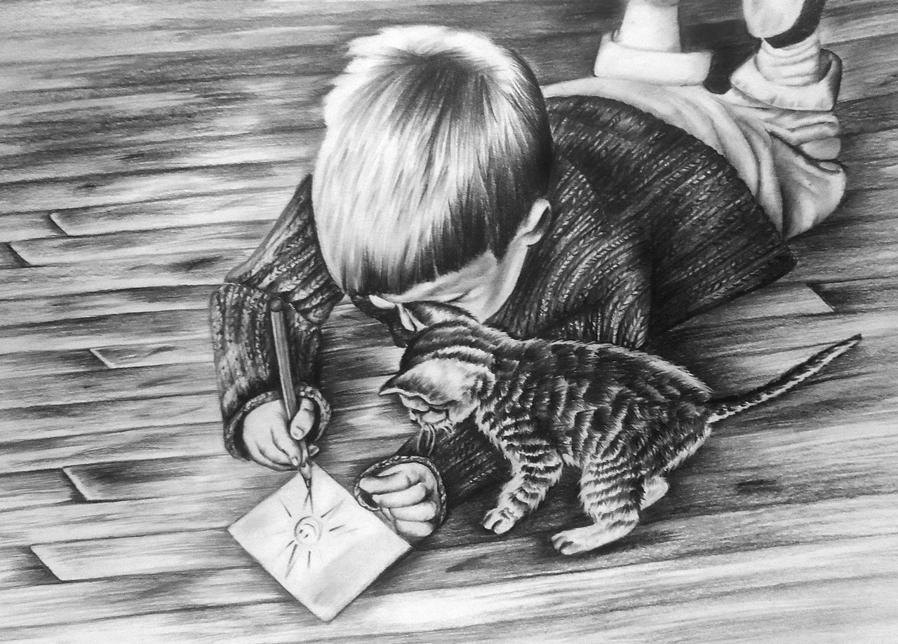 Мальчик с кошкой рисунок карандашом