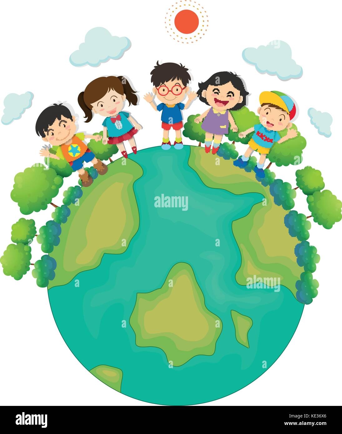 Дети стоят вокруг планеты земля