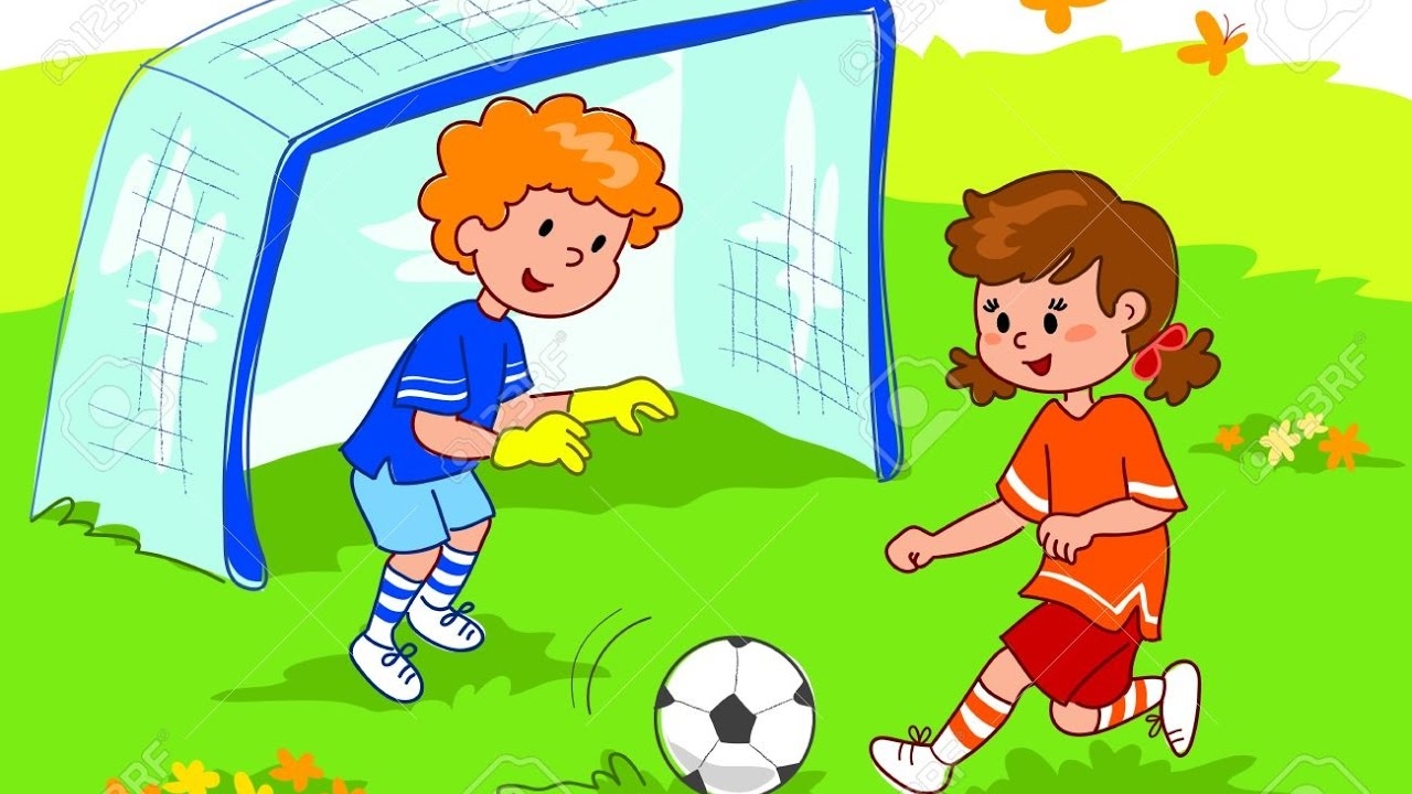 Дети играют в футбол рисованная