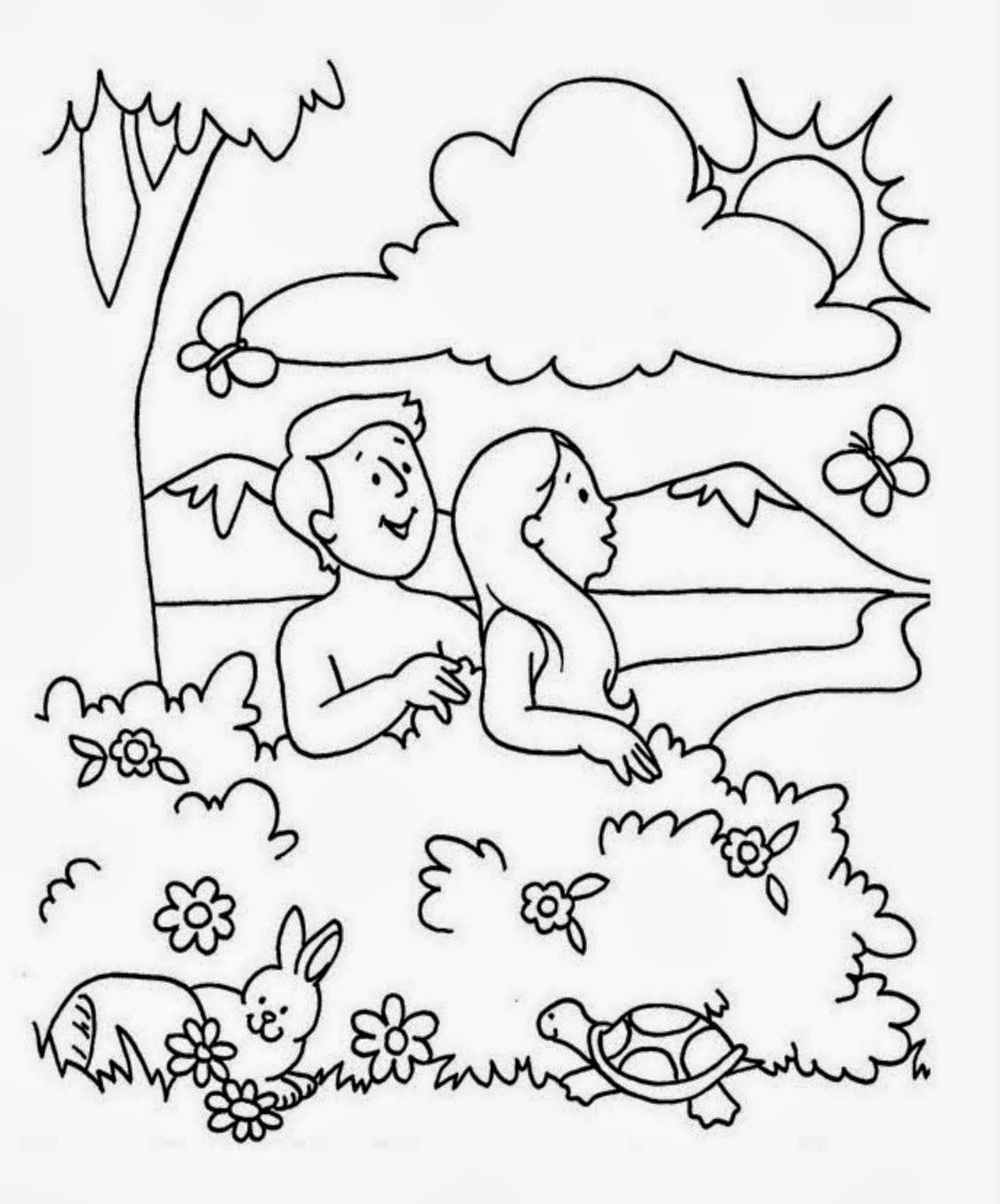 Адам и ева в саду для раскрашивания для детей