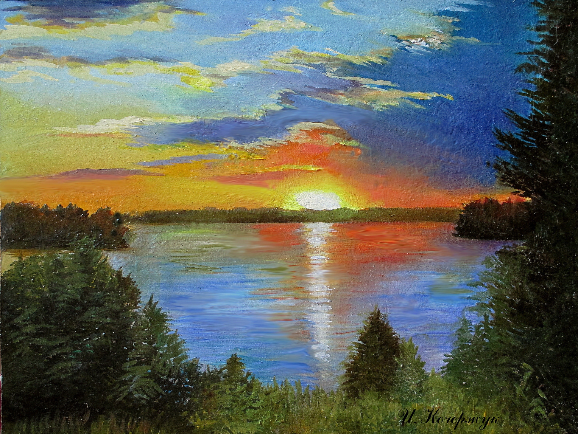 Закат на озере гуашью