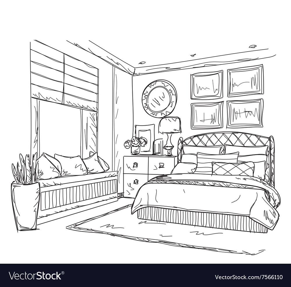 рисунок спальни с мебелью