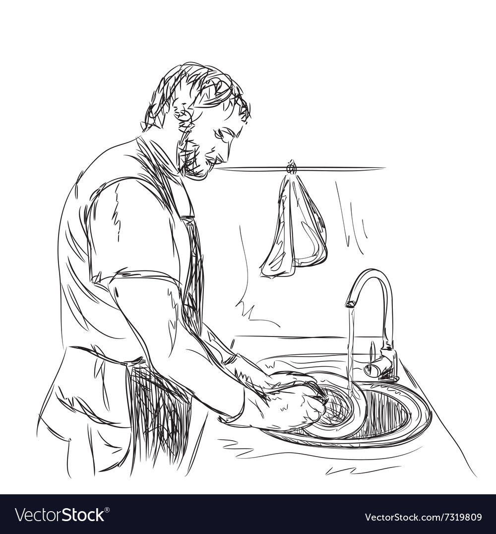 Набросок человека который моет посуду