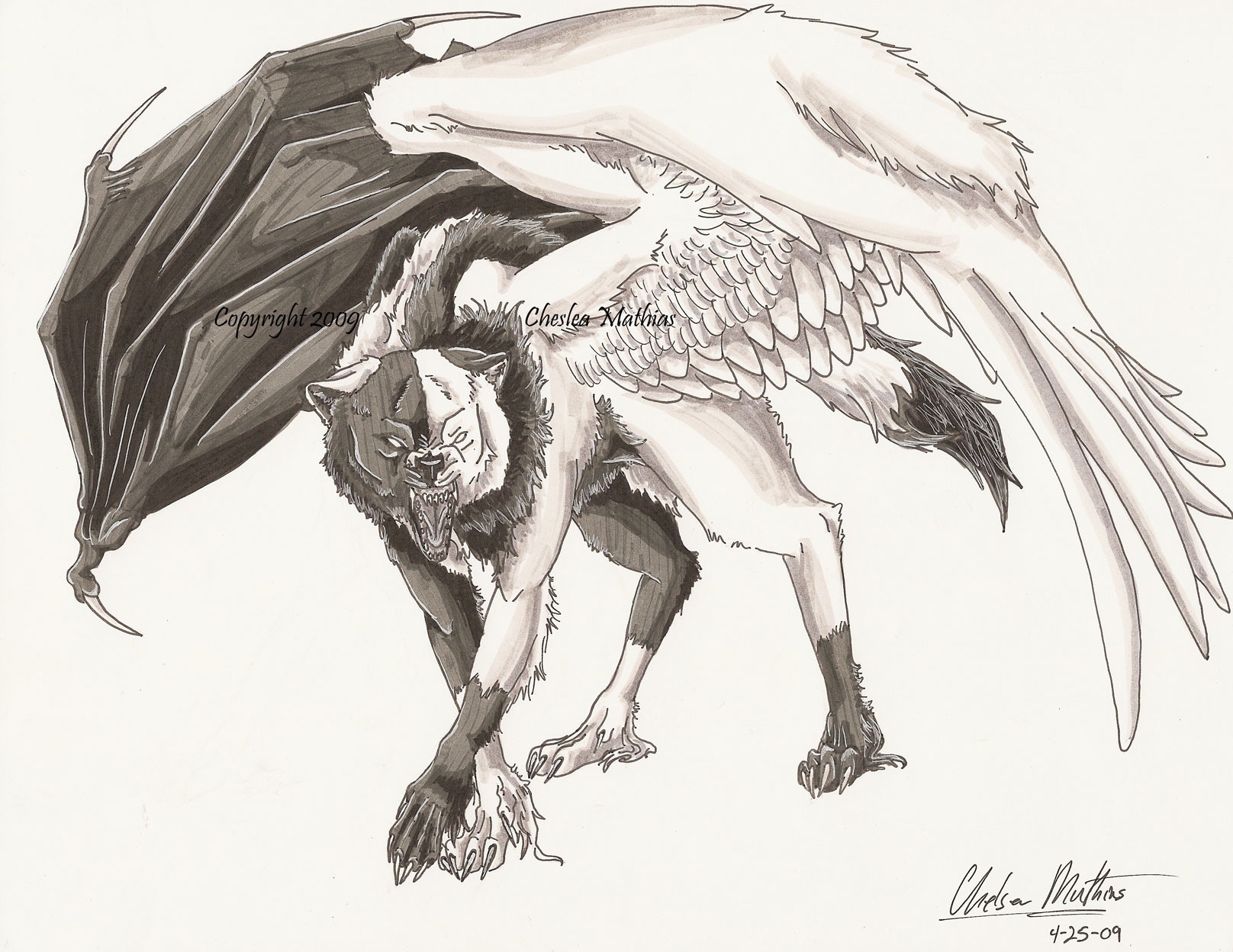 Волк с крыльями карандашом