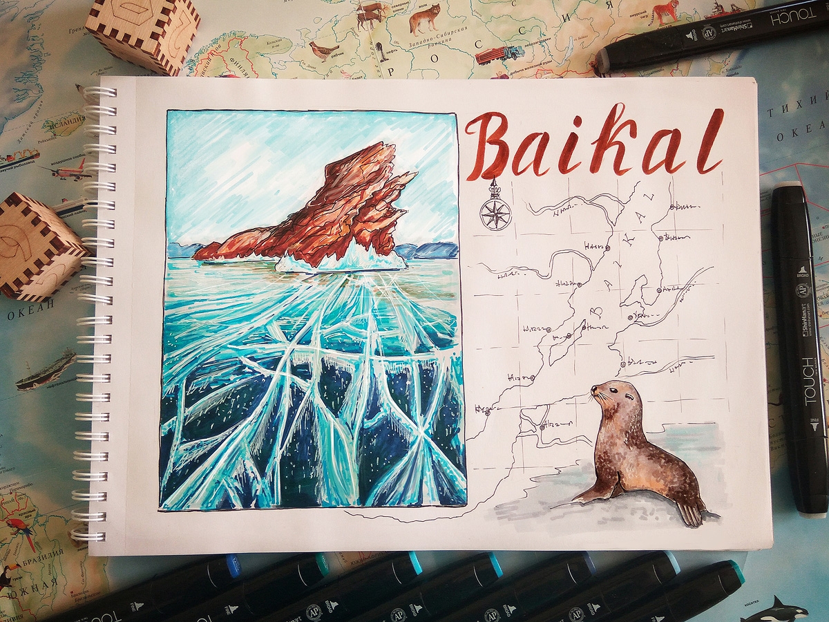 Озеро Байкал рисунок фломастерами