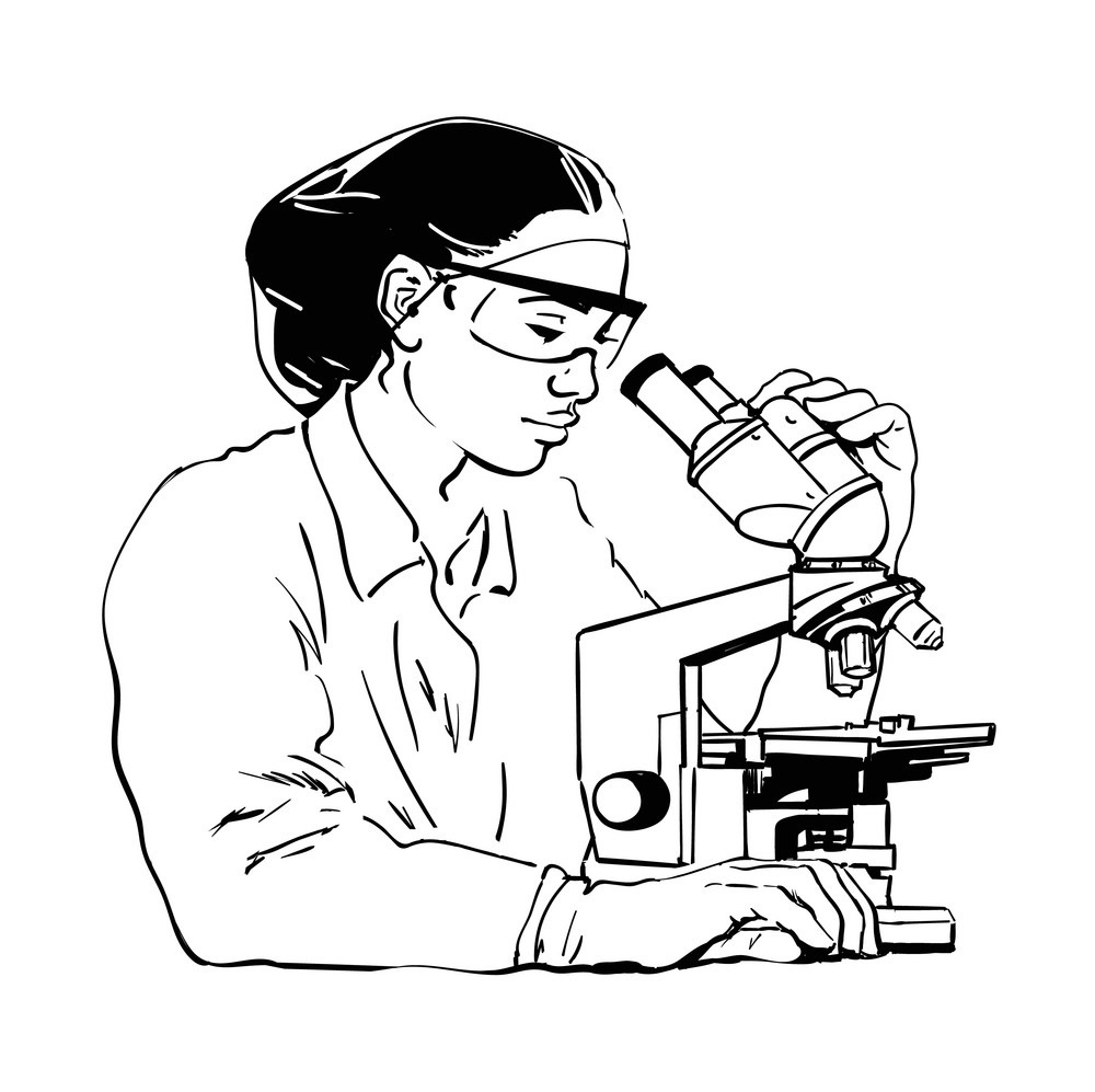 Лаборант с микроскопом на белом фоне