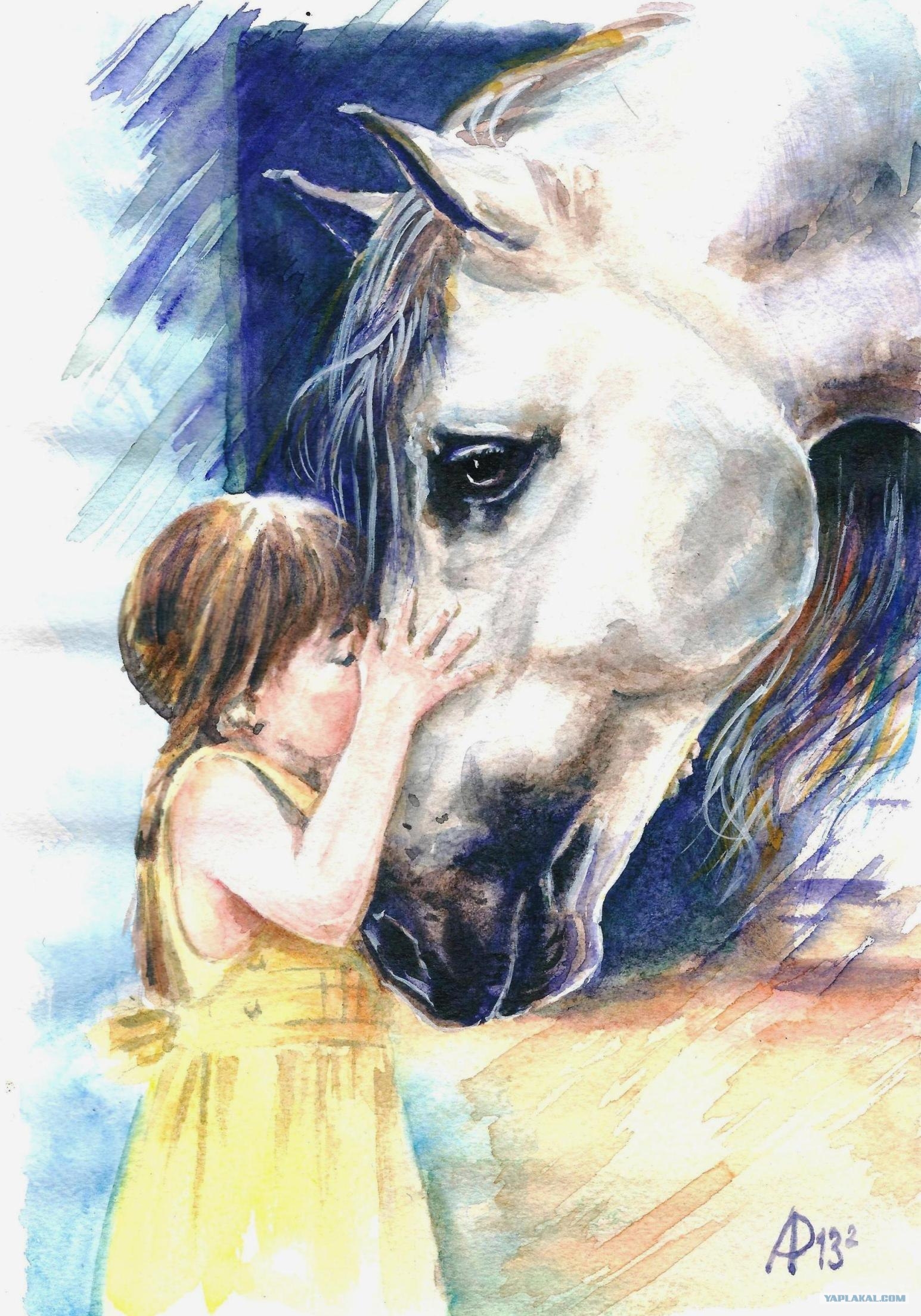 Девочка на лошади акварель