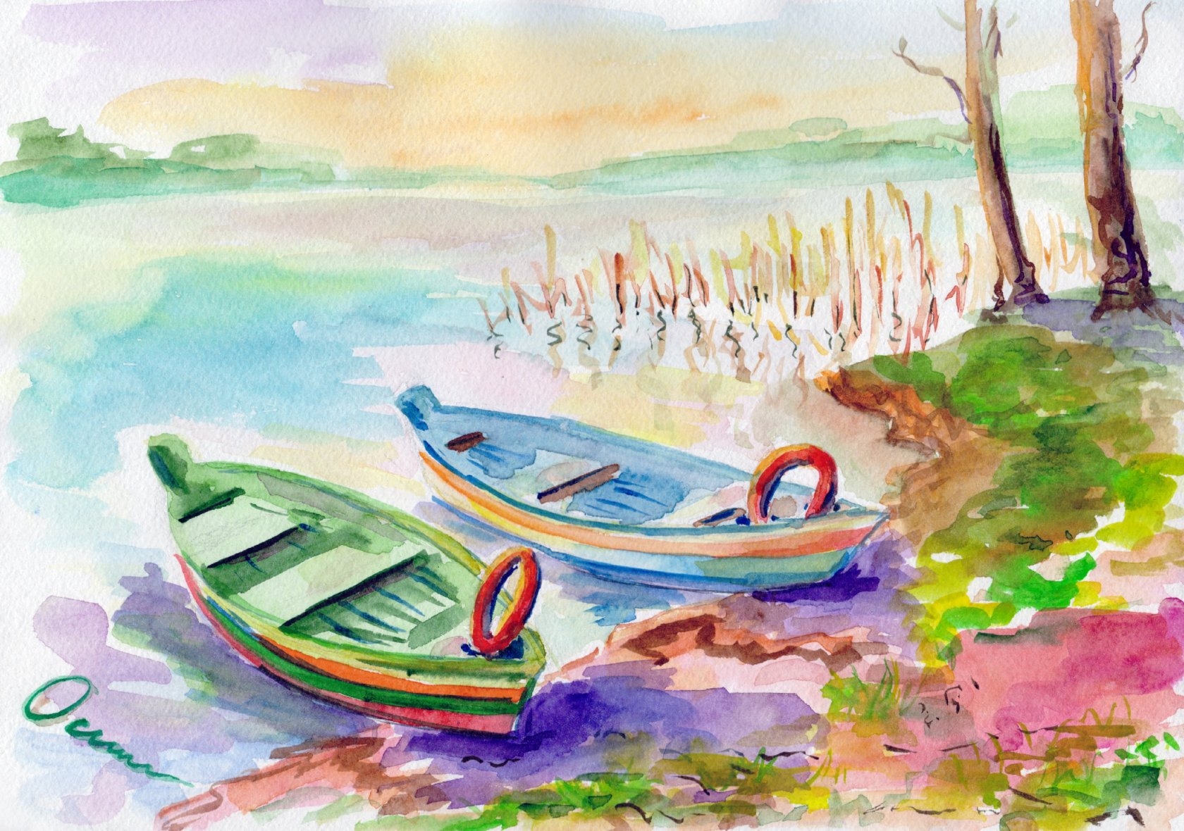Река и лодка для рисования