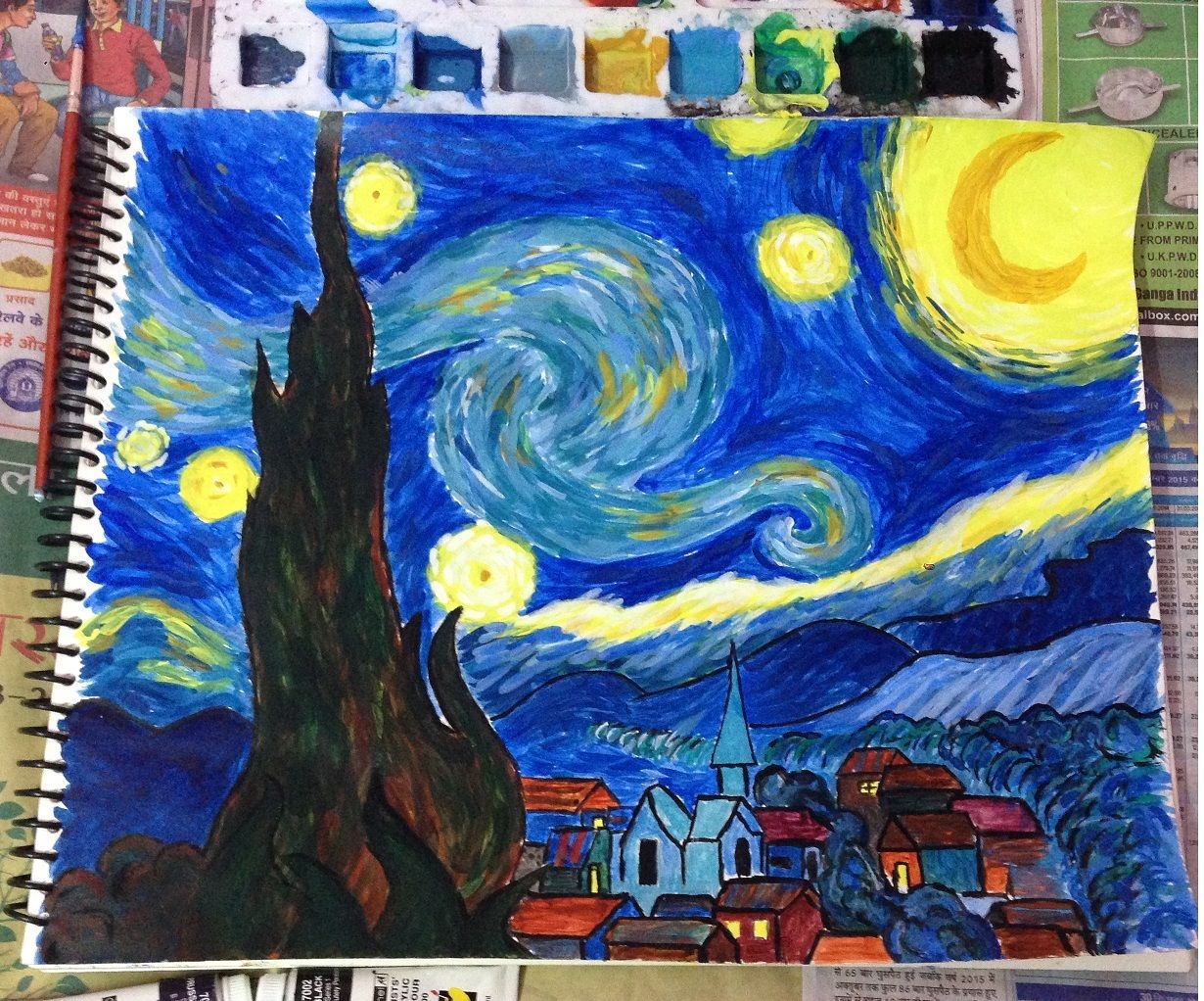 Звёздная ночь Ван Гог картина карандашом