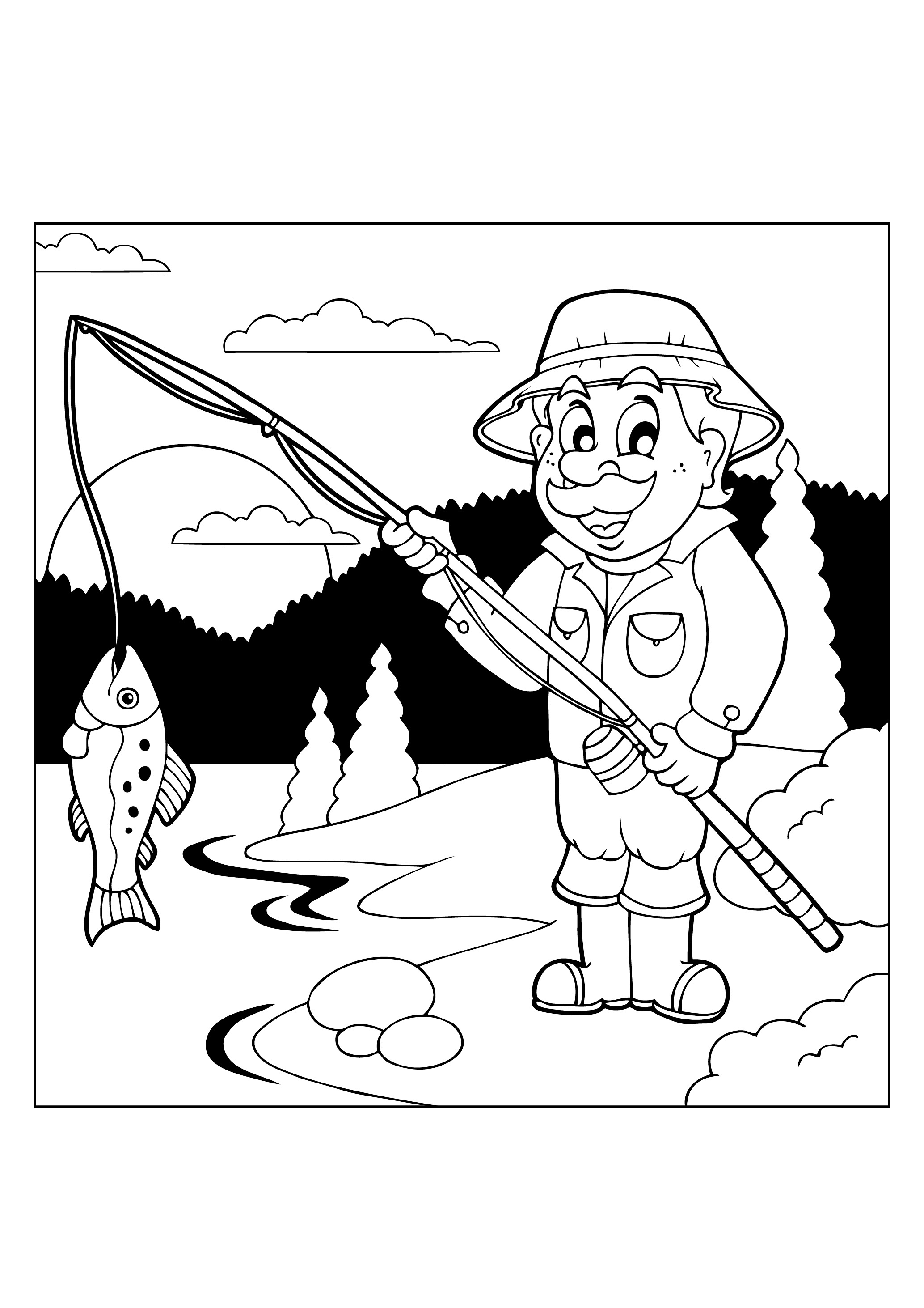 Дедушка на рыбалке раскраска