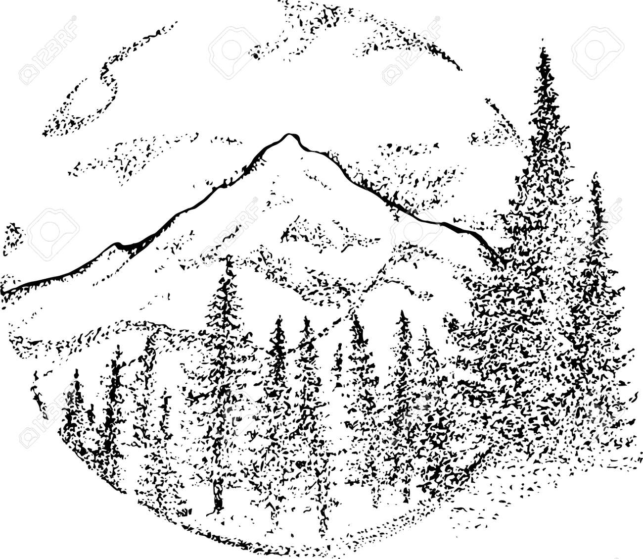 Черно-белый эскиз лес и горы
