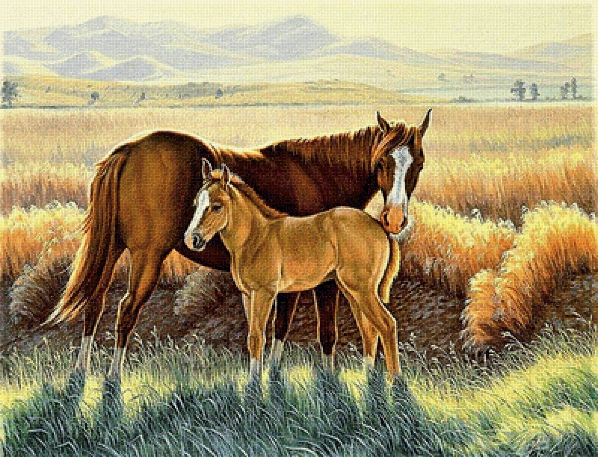 Живопись пейзаж лошадь с жеребенком