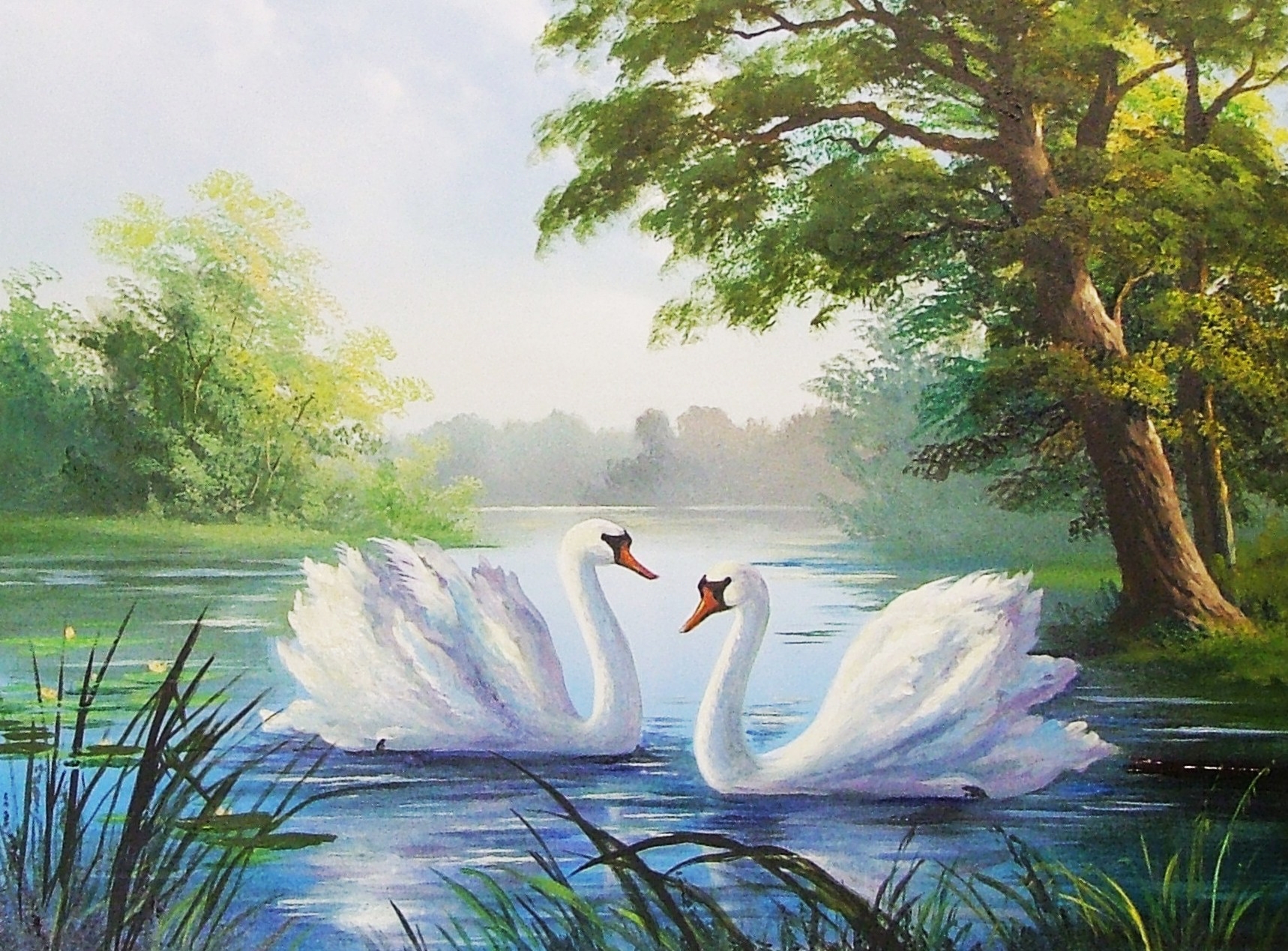 Картина лебеди в озере маслом живопись
