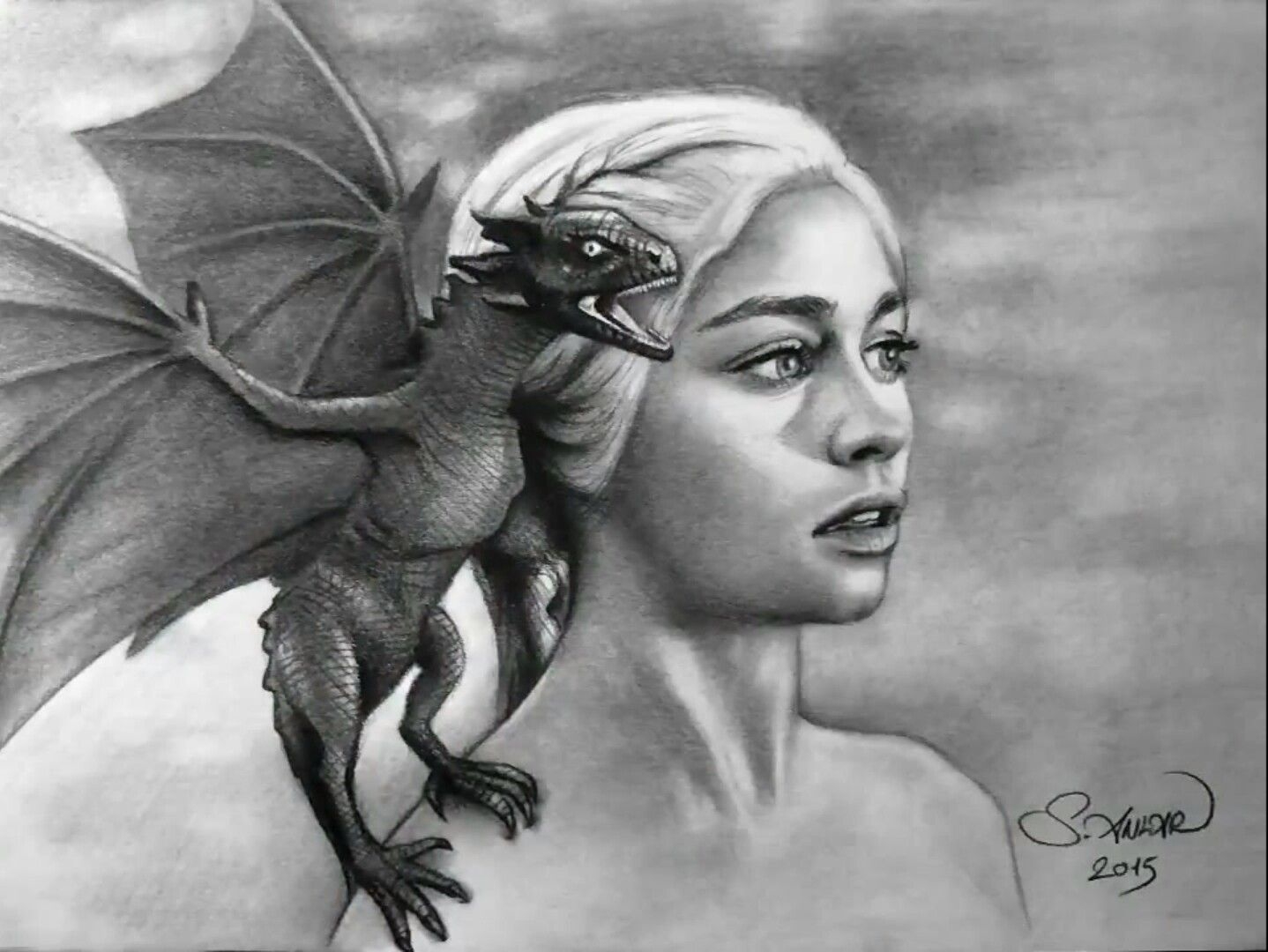 Девушка и дракон карандашом
