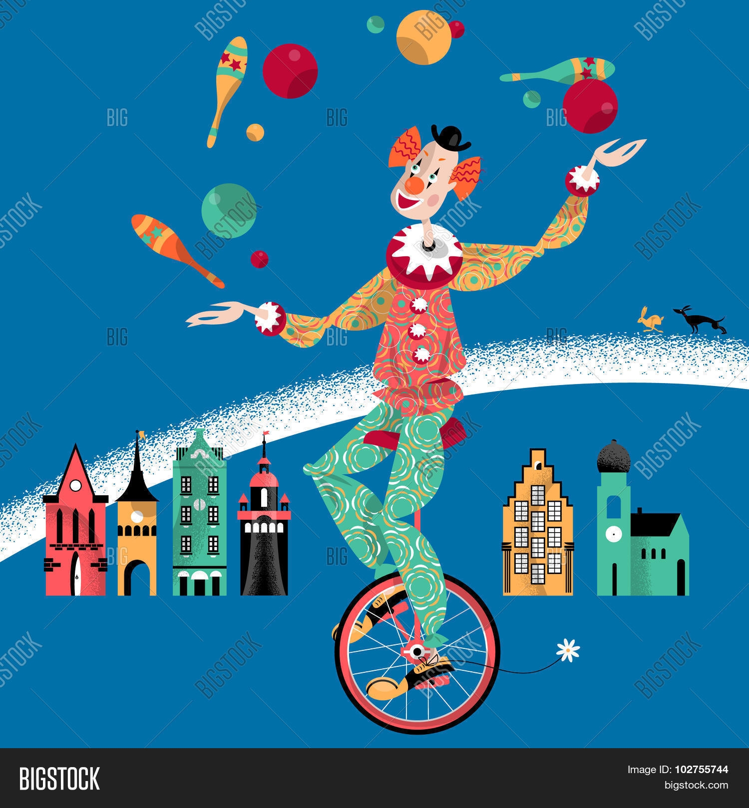 Жонглер клоун с велосипедом