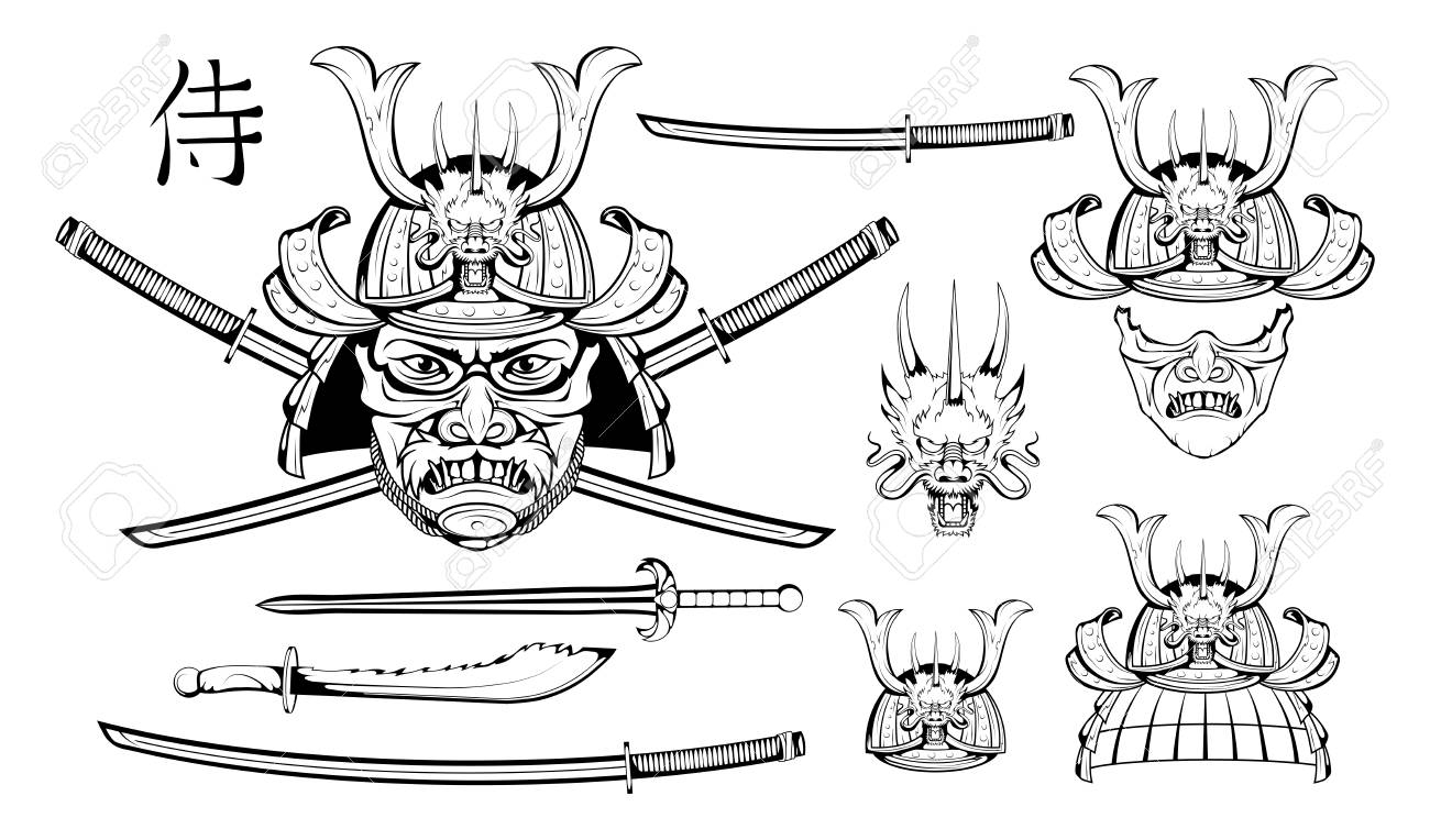 Эскиз маска самурая с катаной