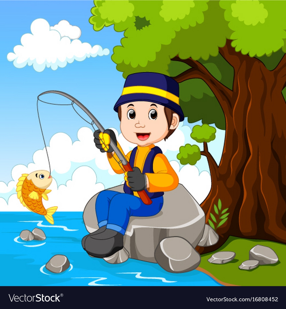 Мультяшный мальчик ловит рыбу