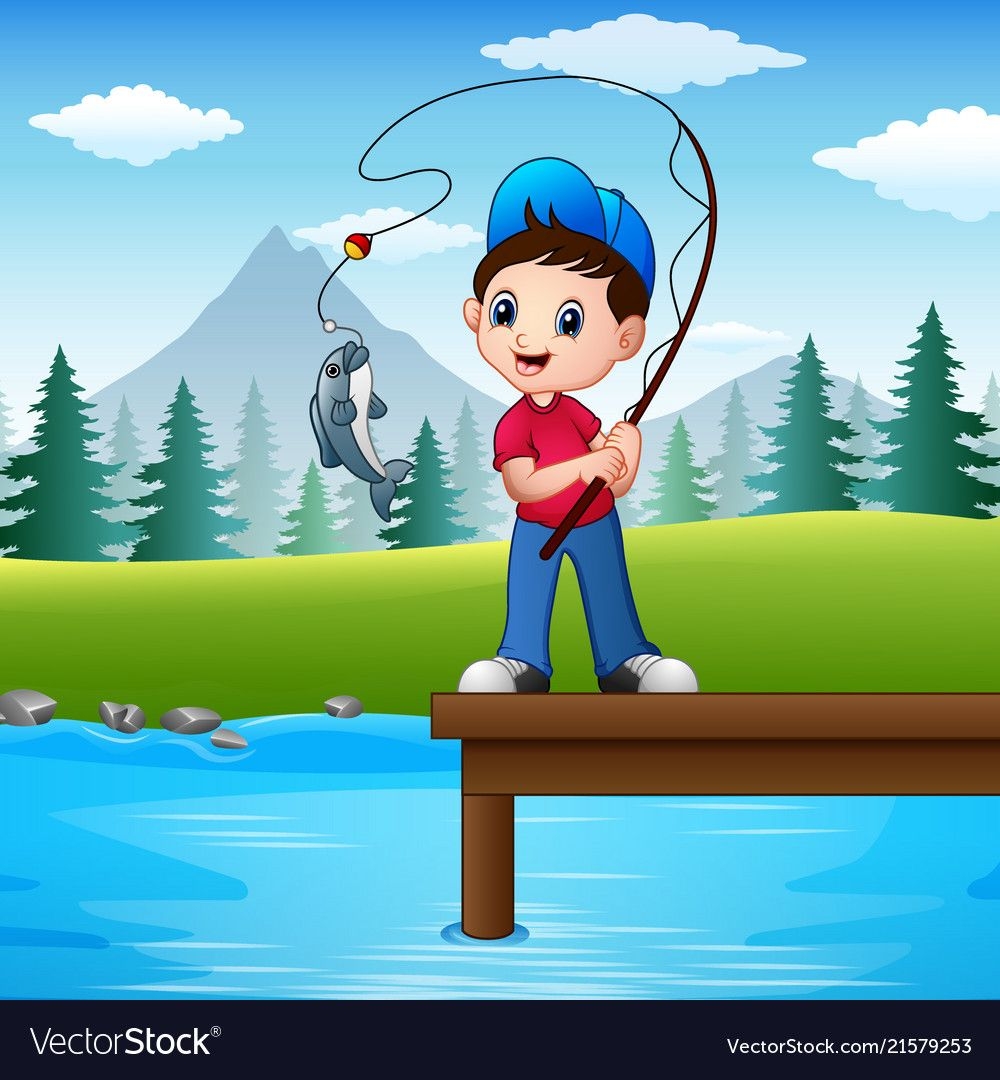 Мальчик ловит рыбу для детей