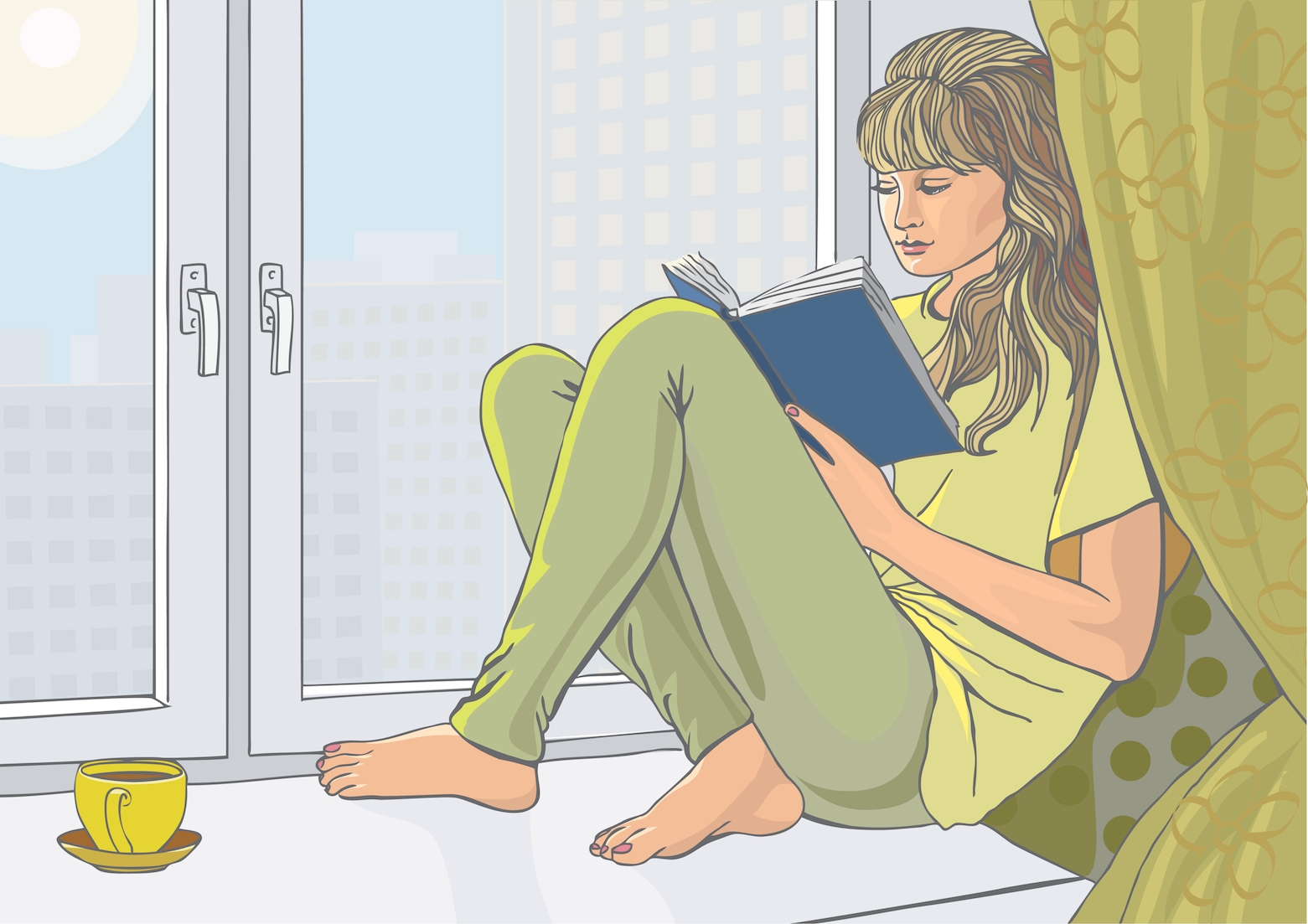 Девушка с книгой у окна иллюстрация