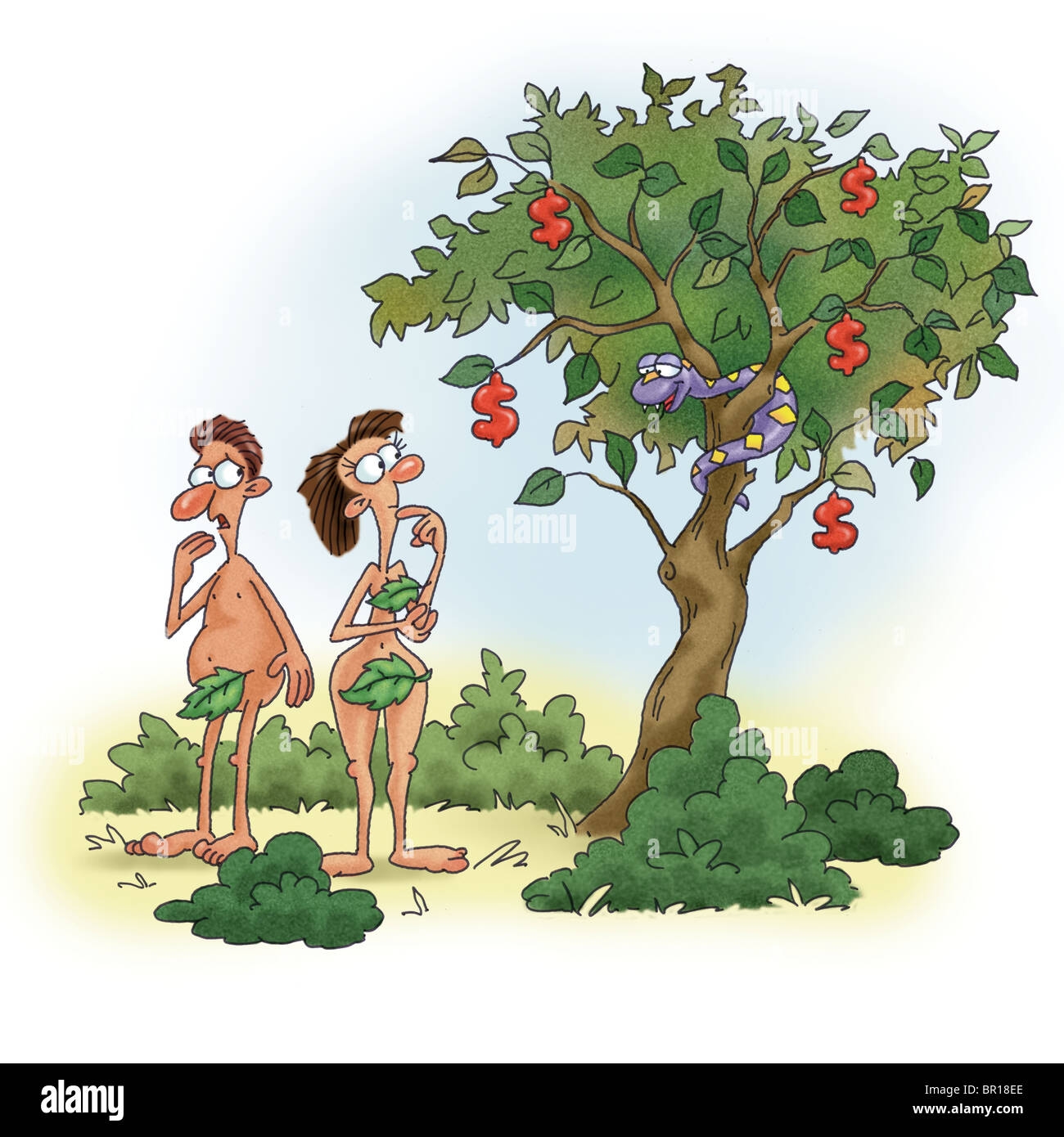 Адам и ева у яблони рисунок