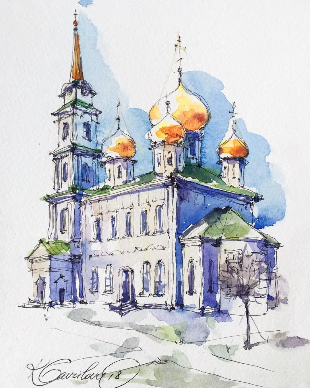Скетчинг акварелью Казанский собор